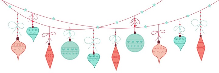 A banner for a website with Christmas tree toys in a cartoon flat style. Christmas and New Year banner.