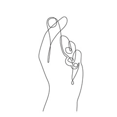 Hand gesture, one line art, continuous contour drawing, hand-drawn. flick fingers, snap sign. Symbol image of heart, emblem of love. Palm and wrist, sign translation. Editable stroke.Isolated.Vector