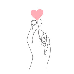 Hand with heart, one line art, continuous contour drawing, hand-drawn gesture, symbol of romantic love. Decoration for St. Valentine's Day, palm and wrist. Editable stroke.Isolated.Vector illustration