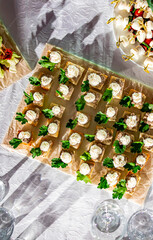 food buffer catering. Different canapes and appetizer on table