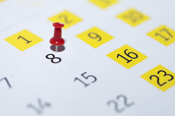 Red pushpin on calendar 8th day of the month