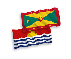 National vector fabric wave flags of Grenada and Republic of Kiribati isolated on white background. 1 to 2 proportion.