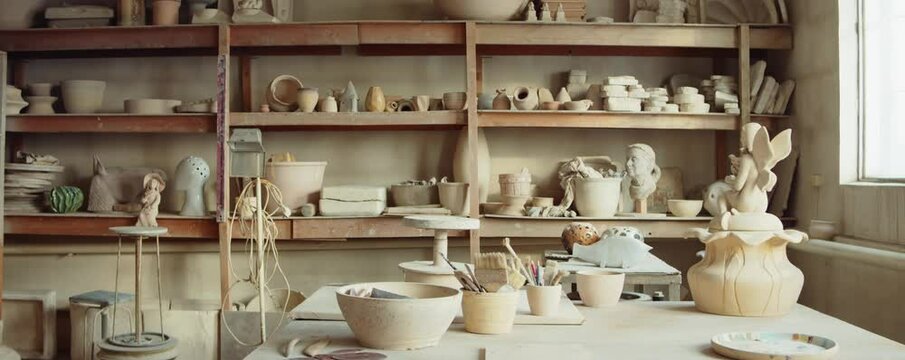 Zoom in shot of table and shelves with ceramics and tools in pottery workshop with no people there