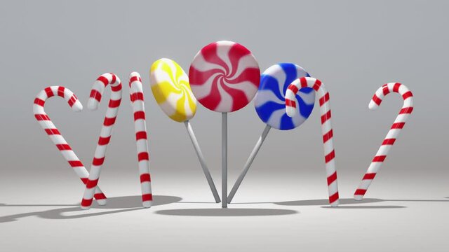 Loop rotating colorful Christmas candies. The symbol of Christmas and New Year. 3D animation