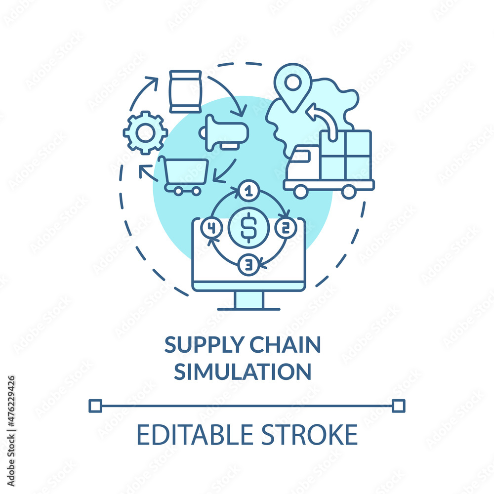 Wall mural Supply chain simulation turquoise concept icon. Improving business outcomes abstract idea thin line illustration. Isolated outline drawing. Editable stroke. Roboto-Medium, Myriad Pro-Bold fonts used