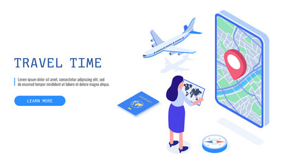 Time to travel concept. Woman stands with tourist map. Isometric vector web banner.