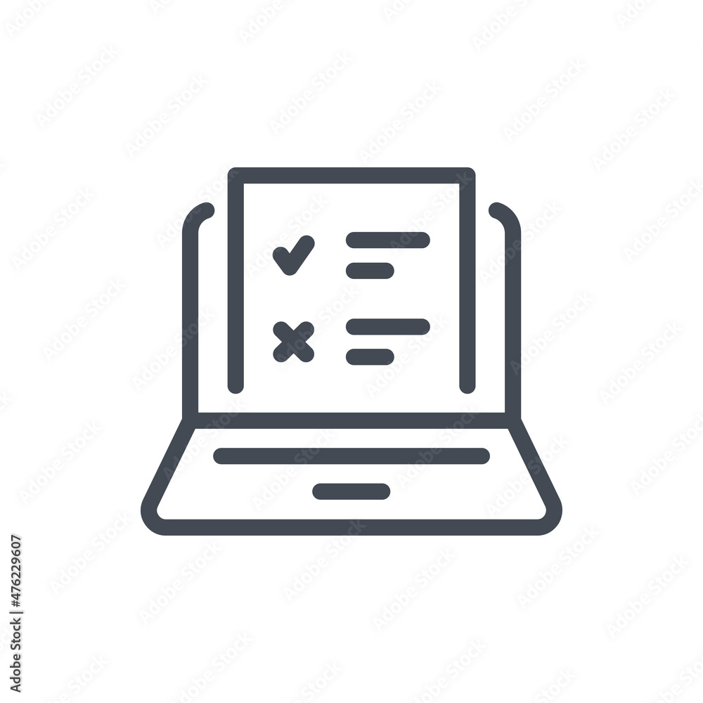 Aufkleber online survey line icon. laptop with document and test result vector outline sign.