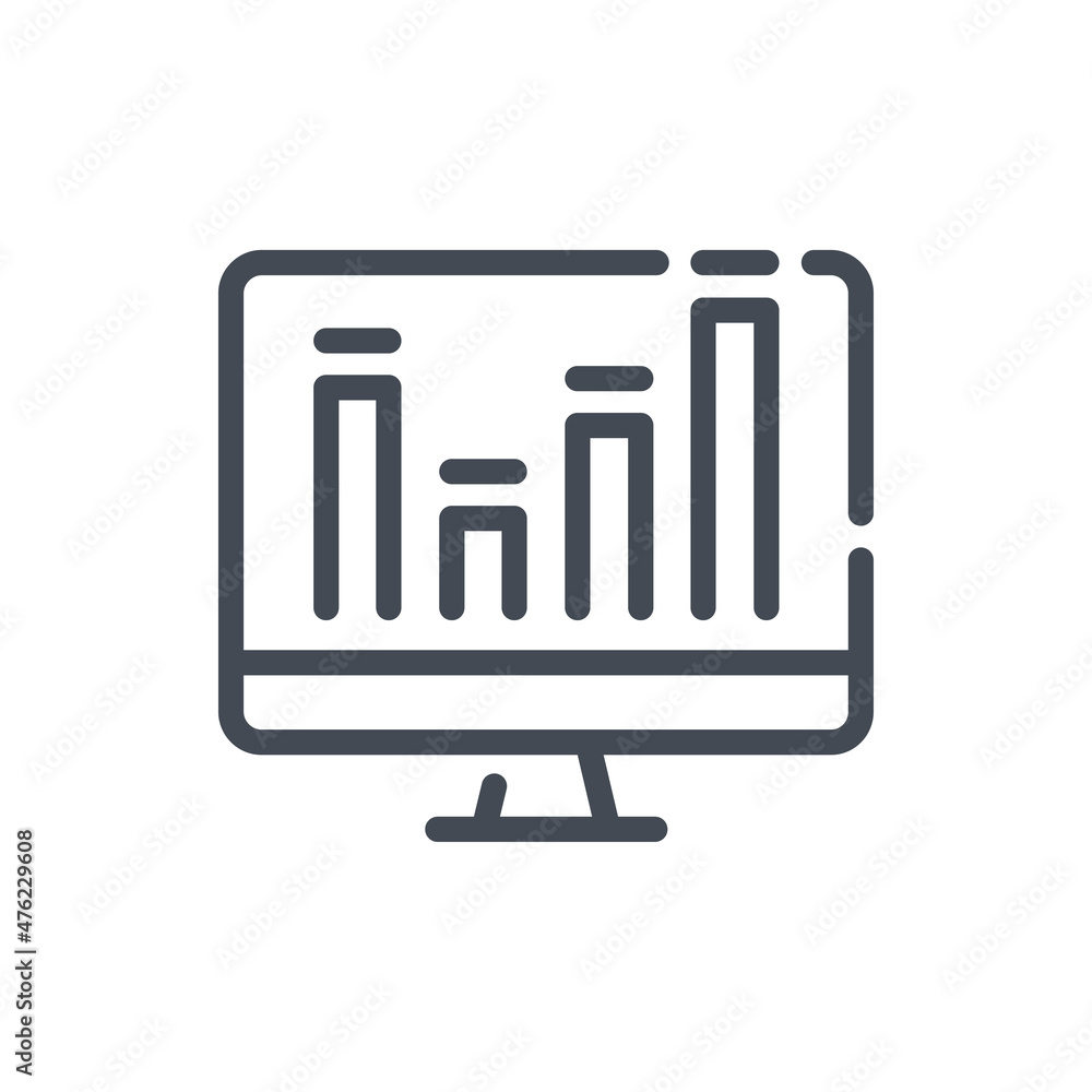 Poster online statistics and analytics report line icon. computer with graph chart vector outline sign.
