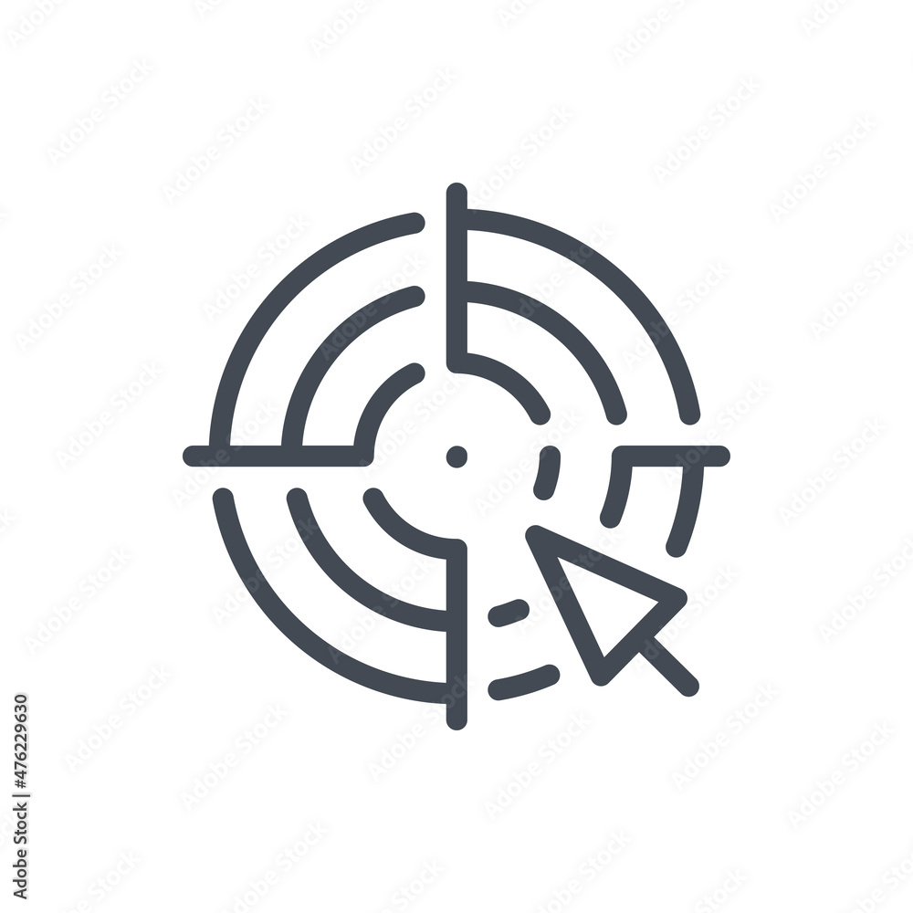 Poster target and goal search line icon. target with click arrow vector outline sign.