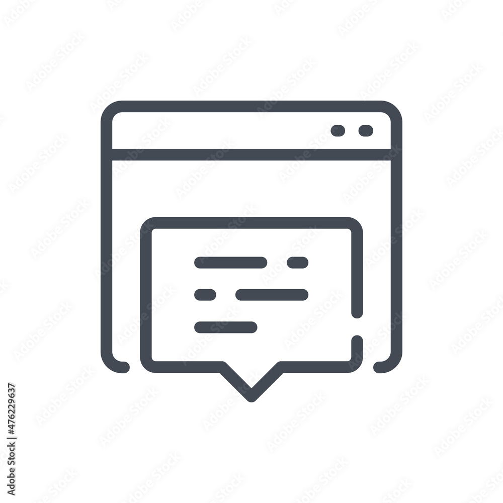 Poster website message notification line icon. web page with pop up chat box vector outline sign.