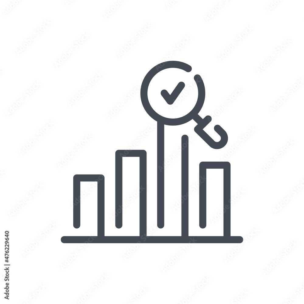 Poster analytical search and report line icon. statistic graph and magnifier with check mark inside vector 