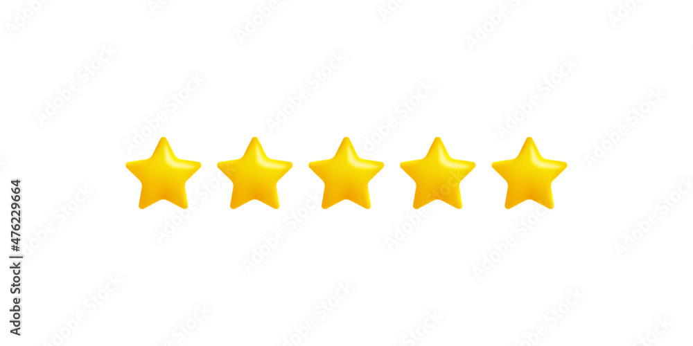 Poster 3d render stars isolated on white background. 3D cartoon icon of five star for mobile app and web design. Concept of rating from customer and feedback. Vector illustration.