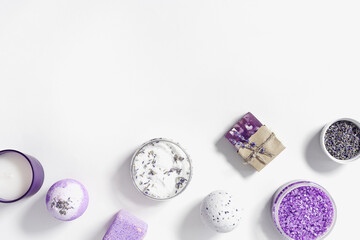 lavender spa products, bath bomb, sea salt, bar of soap, hygiene items for bath and spa with dry lavender flower. Natural cosmetic for beauty treatment and body care, herbal medicine
