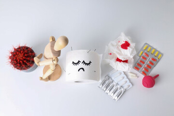 Concept of healthcare with hemorrhoids accessories on white background