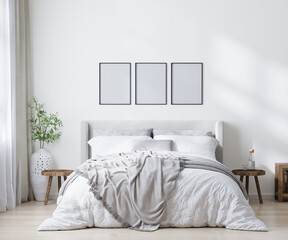empty poster frames in scandinavian style bedroom interior, home interior, 3d rendering © Oleksandr