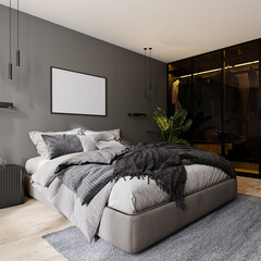 horizontal frame mockup in modern bedroom interior with gray wall and bed and glass closet with backlight, 3d rendering