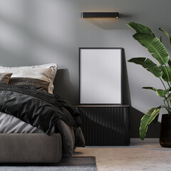 blank poster frame mock up near bed in modern bedroom interior in gray tones, 3d rendering