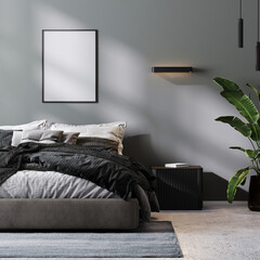poster frame mock up in modern bedroom interior in gray tones, 3d rendering