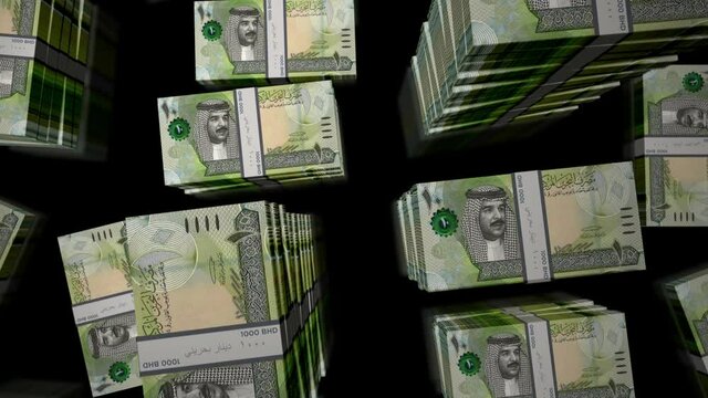 Bahrain Dinar money notes packs loop. 3D flight over BHD banknotes stacks towers. Loopable seamless abstract background concept of business, economy crisis and finance.