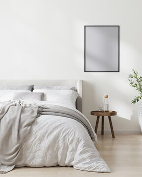 poster frame mock up in scandinavian style bedroom interior , 3d rendering