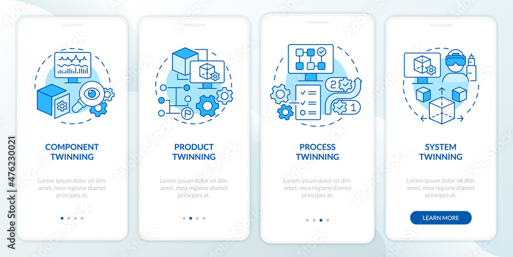 Poster twinning levels blue onboarding mobile app screen. component and process walkthrough 4 steps graphic