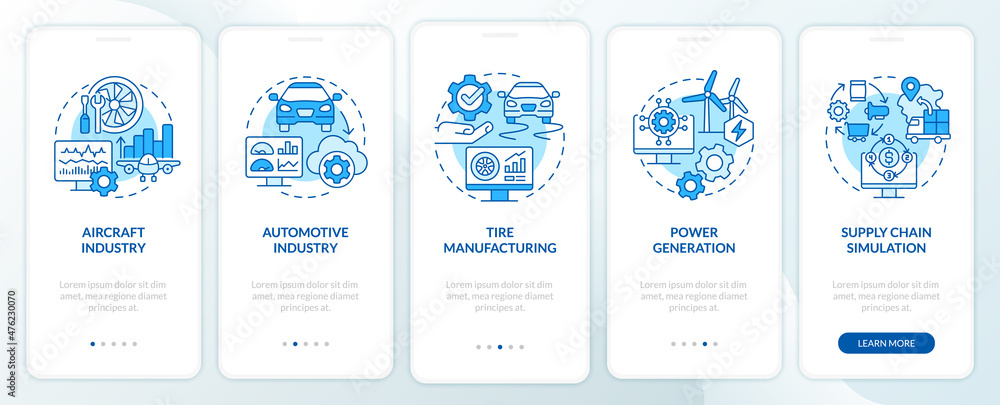Poster digital twin usage blue onboarding mobile app screen. power generation walkthrough 5 steps graphic i