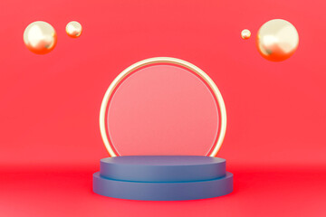 Blue circle podium with Mirror, Gold circle ball and red color background. Merry Christmas and Happy New Year concept. 3D Rendering illustration.