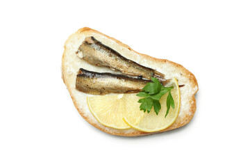 Delicious sandwich with sprats isolated on white background