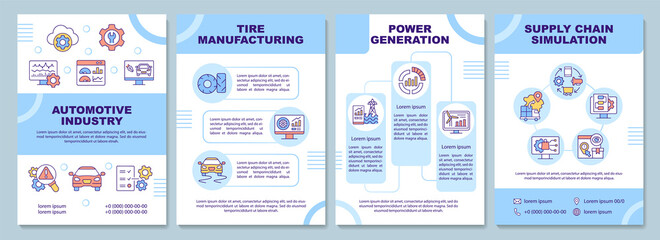 Digital twin usage blue brochure template. Automotive industry. Booklet print design with linear icons. Vector layouts for presentation, annual reports, ads. Arial-Black, Myriad Pro-Regular fonts used