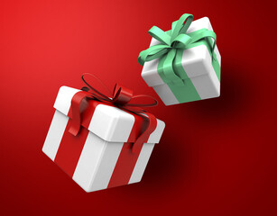 3d render gift christmas box in colors red and green for christmas day - gift box christmas in a red background for festive day of new year
