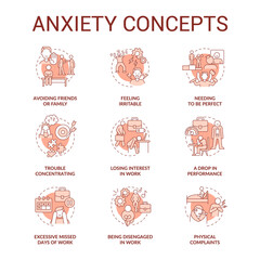 Anxiety terracotta concept icons set. Emotional reaction on stress. Mental health problem idea thin line color illustrations. Isolated outline drawings. Roboto-Medium, Myriad Pro-Bold fonts used