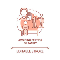 Avoiding friends and family terracotta concept icon. Anxiety disorder abstract idea thin line illustration. Isolated outline drawing. Editable stroke. Roboto-Medium, Myriad Pro-Bold fonts used