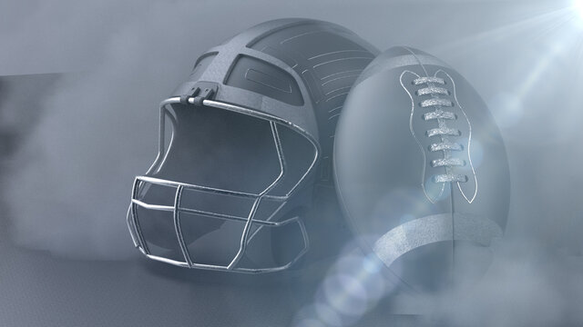American football silver-black helmet and ball with dark black toned foggy blur smoke under flash flare laser lighting. 3D illustration. 3D high quality rendering.