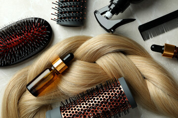 Concept of hair care on light background