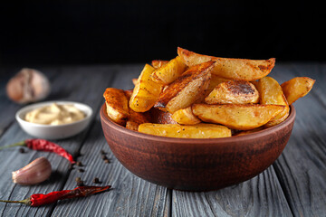 Delicious baked potatoes with rosemary and thyme in a ceramic plate, close-up