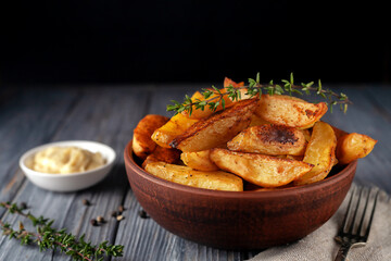 Delicious baked potatoes with rosemary and thyme in a ceramic plate, close-up