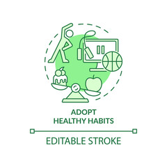 Adopt healthy habits green concept icon. Overcome anxiety symptoms abstract idea thin line illustration. Isolated outline drawing. Editable stroke. Roboto-Medium, Myriad Pro-Bold fonts used
