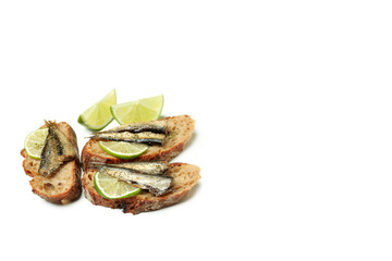 Sandwiches with sprats isolated on white background