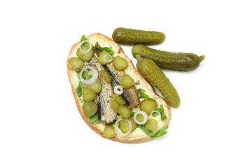 Pickles and sandwich with sprats isolated on white background
