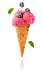 Ice cream cone with mint and blackberries isolated on white background.