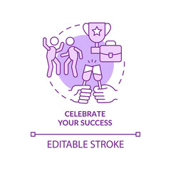 Celebrate your success purple concept icon. Anxiety overcoming method abstract idea thin line illustration. Isolated outline drawing. Editable stroke. Roboto-Medium, Myriad Pro-Bold fonts used