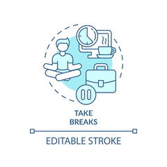 Take breaks turquoise concept icon. Mind balance. Prevent anxiety attack abstract idea thin line illustration. Isolated outline drawing. Editable stroke. Roboto-Medium, Myriad Pro-Bold fonts used - obrazy, fototapety, plakaty