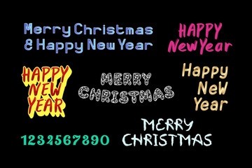 Colorful set phrases Merry Christmas and Happy New Year on dark background. Template text for greeting card, website, banner