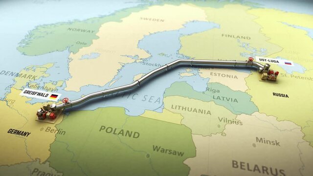 3D animation of Nord Stream 2 gas pipeline emerging on map of Europe connecting Russia and Germany through Baltic Sea