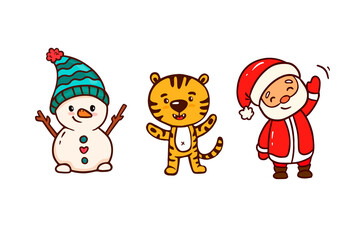 Obraz na płótnie Canvas Santa claus , snowman and tiger. New Year characters. Christmas and New Year symbol. Christmas card.