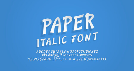 White paper cut italic font. Realistic 3D paper cutout style, English alphabet letters and numbers. For creative modern design