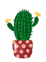 stylized image of a prickly blooming cactus in a ceramic brown polka dot pot