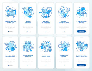 Anxiety disorder blue onboarding mobile app screen set. Healthcare walkthrough 5 steps graphic instructions pages with linear concepts. UI, UX, GUI template. Myriad Pro-Bold, Regular fonts used