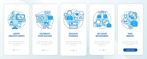 Dealing with anxiety at work blue onboarding mobile app screen. Lifestyle walkthrough 5 steps graphic instructions pages with linear concepts. UI, UX, GUI template. Myriad Pro-Bold, Regular fonts used