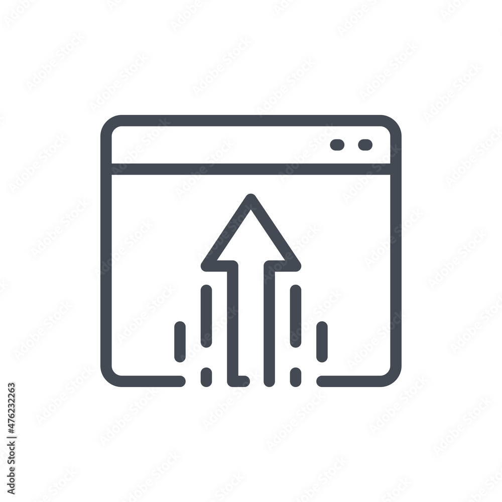 Poster upload to website or internet line icon. web page with arrow up vector outline sign.